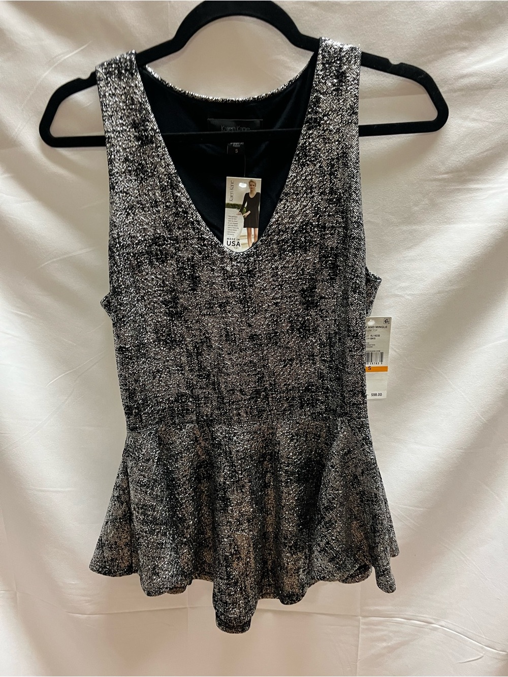 Karen Kane NWT Black & Silver Metallic Textured Peplum Tank